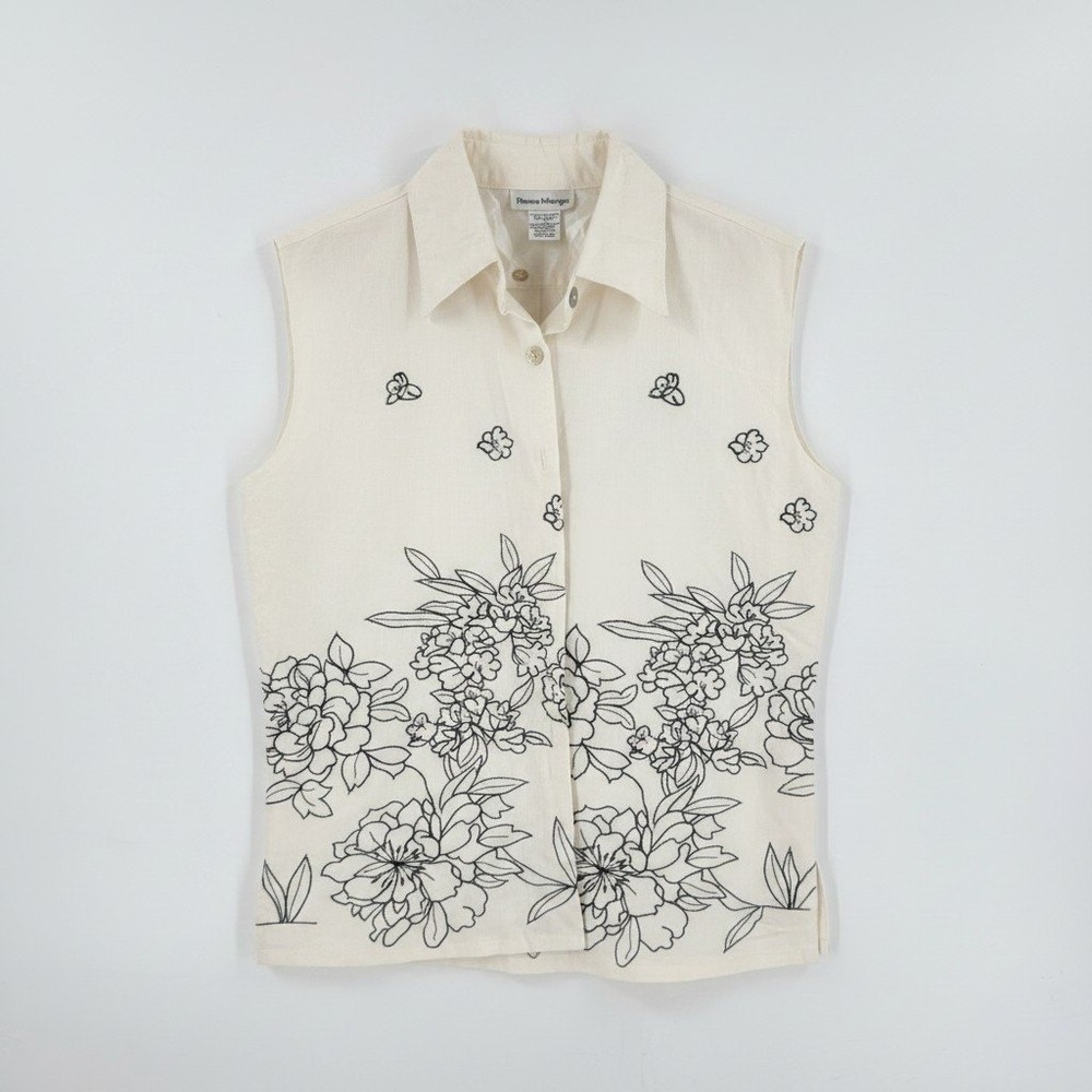 NWT Rene Margo Floral Embroidered Button Front Sleeveless Collared Blouse Size S